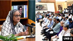 মঙ্গলবার (২৯ অগাস্ট) প্রধানমন্ত্রীর সরকারি বাসভবন গণভবনে এক সংবাদ সম্মেলনে বাংলাদেশের প্রধানমন্ত্রী শেখ হাসিনা। 