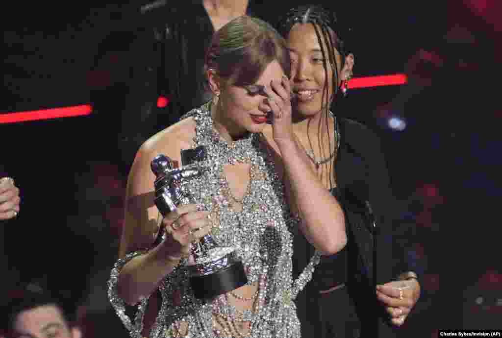 Taylor Swift accepts the award for video of the year for &quot;All Too Well&quot; (10 Minute Version) (Taylor&#39;s Version) at the MTV Video Music Awards at the Prudential Center, Aug. 28, 2022, in Newark, New Jersey.