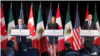 Chrystia Freeland, ministra de Relaciones Exteriores de Canadá, habla junto al secretario de Economía, Ildefonso Guajardo (izquierda), y Robert Lighthizer, representante comercial de Estados Unidos, en Montreal, Canadá. 29 de enero de 2018. REUTERS/Christ